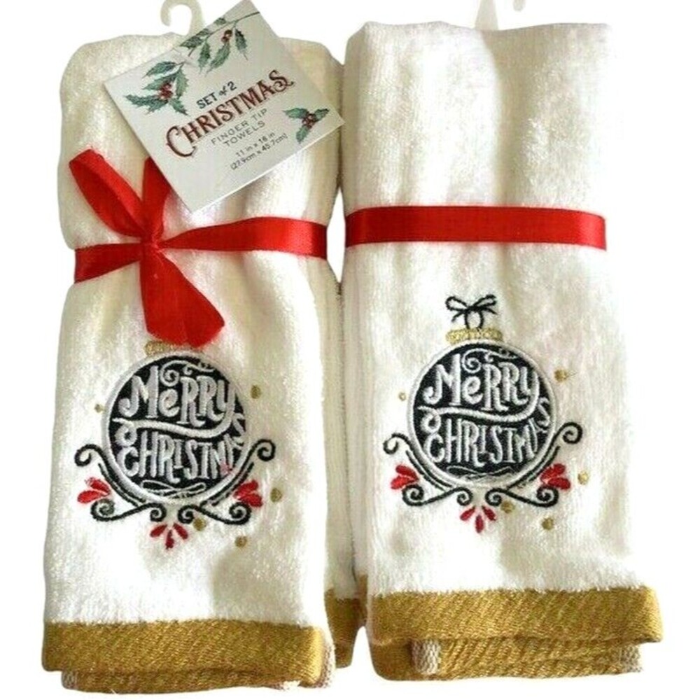 Merry Christmas Fingertip Towels Embroidered Ornament White Gold Set of 2